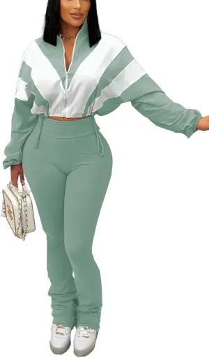 Women's Color Block 2 Piece 80s 90s Outfits Sweatshirt Zip Up Jacket and Bodycon Pants Tracksuit Sets