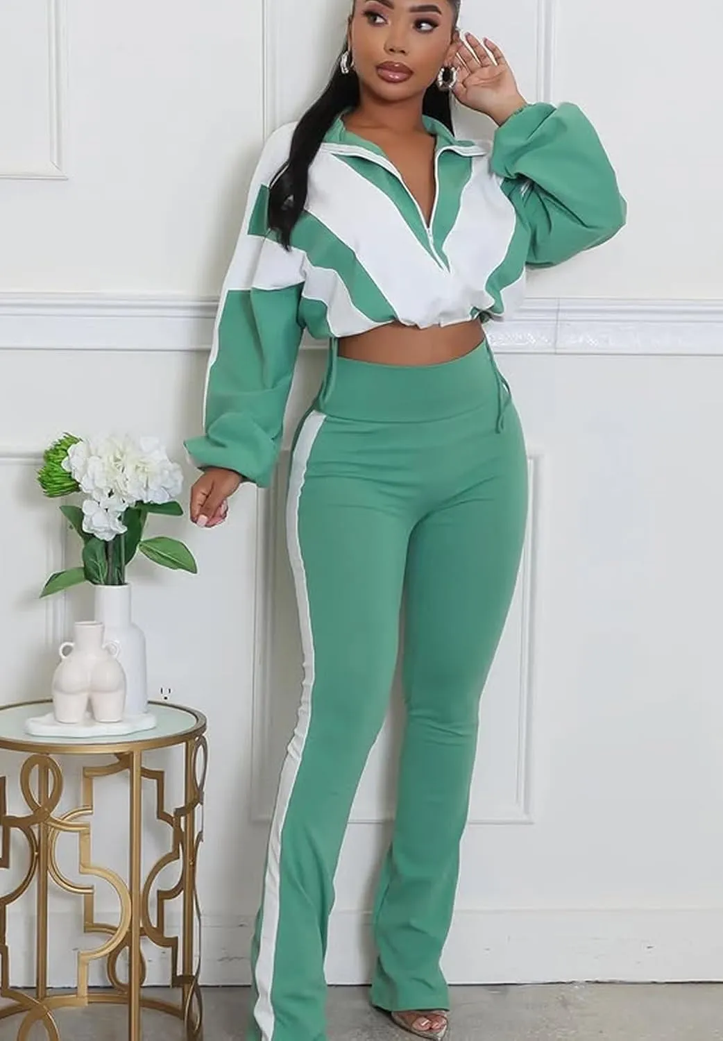Women's Color Block 2 Piece 80s 90s Outfits Sweatshirt Zip Up Jacket and Bodycon Pants Tracksuit Sets