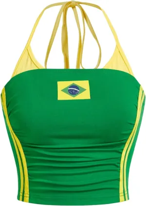 Women's Colorblock Graphic Halter Tank Top Backless Tie Knot Ruched Camisole Fitted Y2k Sport Crop Tops