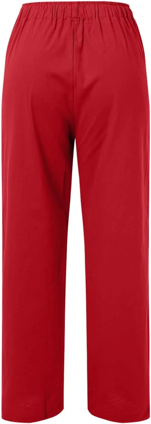 Women's Cotton Linen Summer Flowy Palazzo Lounge Pants Low Waist Ankle Length Loose Fit Palazzo Pants Work Business