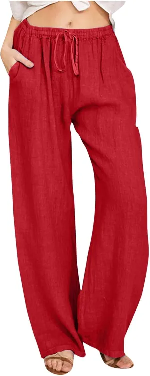 Women's Cotton Linen Summer Flowy Palazzo Lounge Pants Low Waist Ankle Length Loose Fit Palazzo Pants Work Business