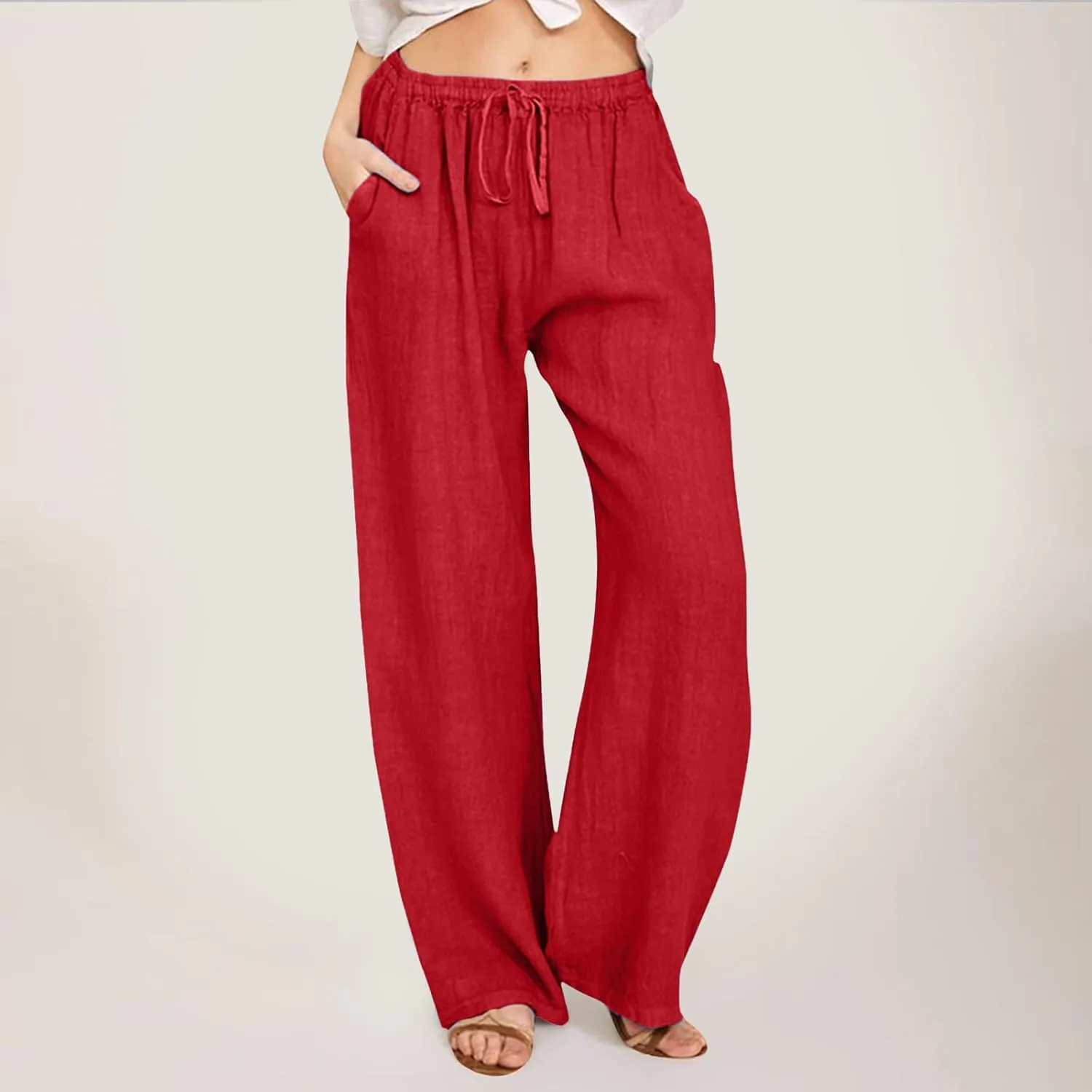 Women's Cotton Linen Summer Flowy Palazzo Lounge Pants Low Waist Ankle Length Loose Fit Palazzo Pants Work Business
