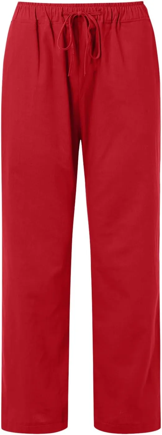 Women's Cotton Linen Summer Flowy Palazzo Lounge Pants Low Waist Ankle Length Loose Fit Palazzo Pants Work Business