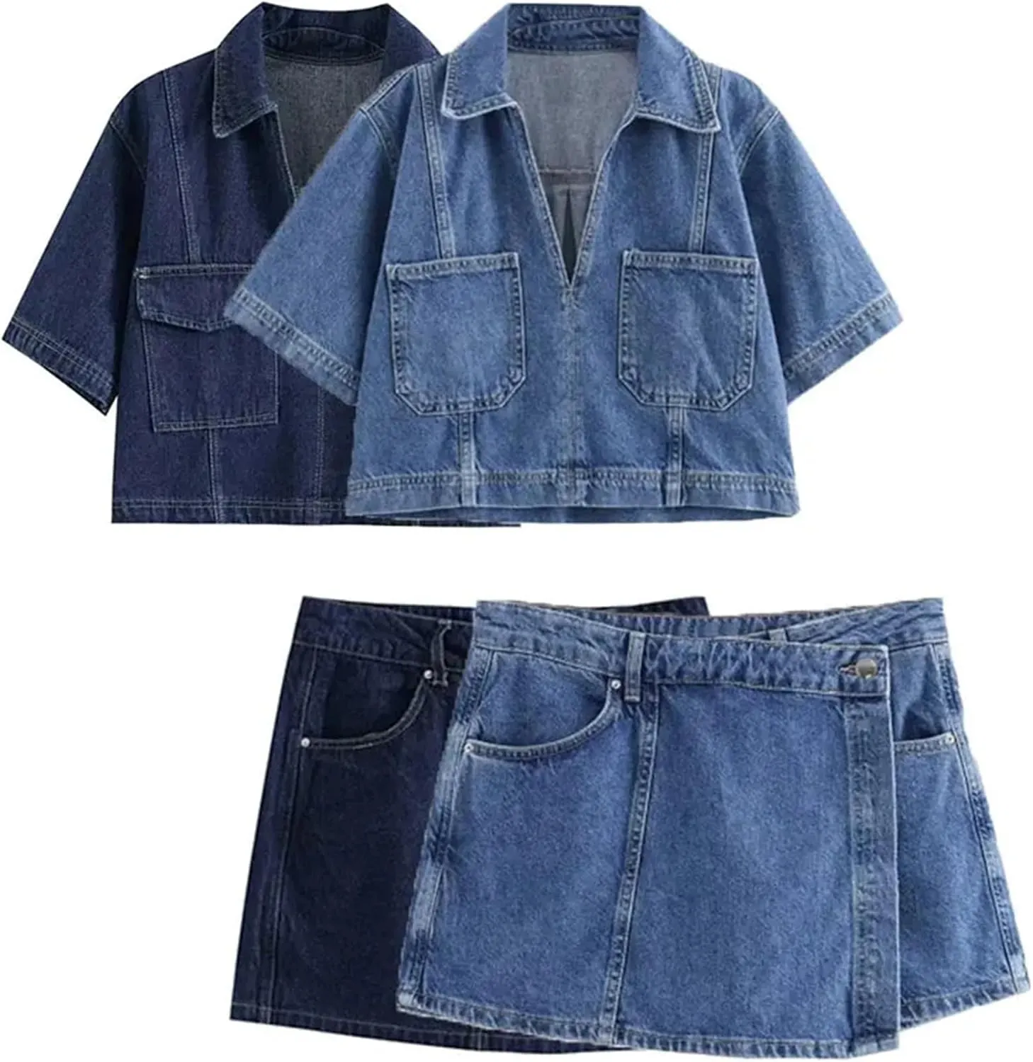 Women's Denim Jacket Set Summer Short Sleeves Pocket Denim Coat and Casual Lady Mini Skirt Shorts Sets