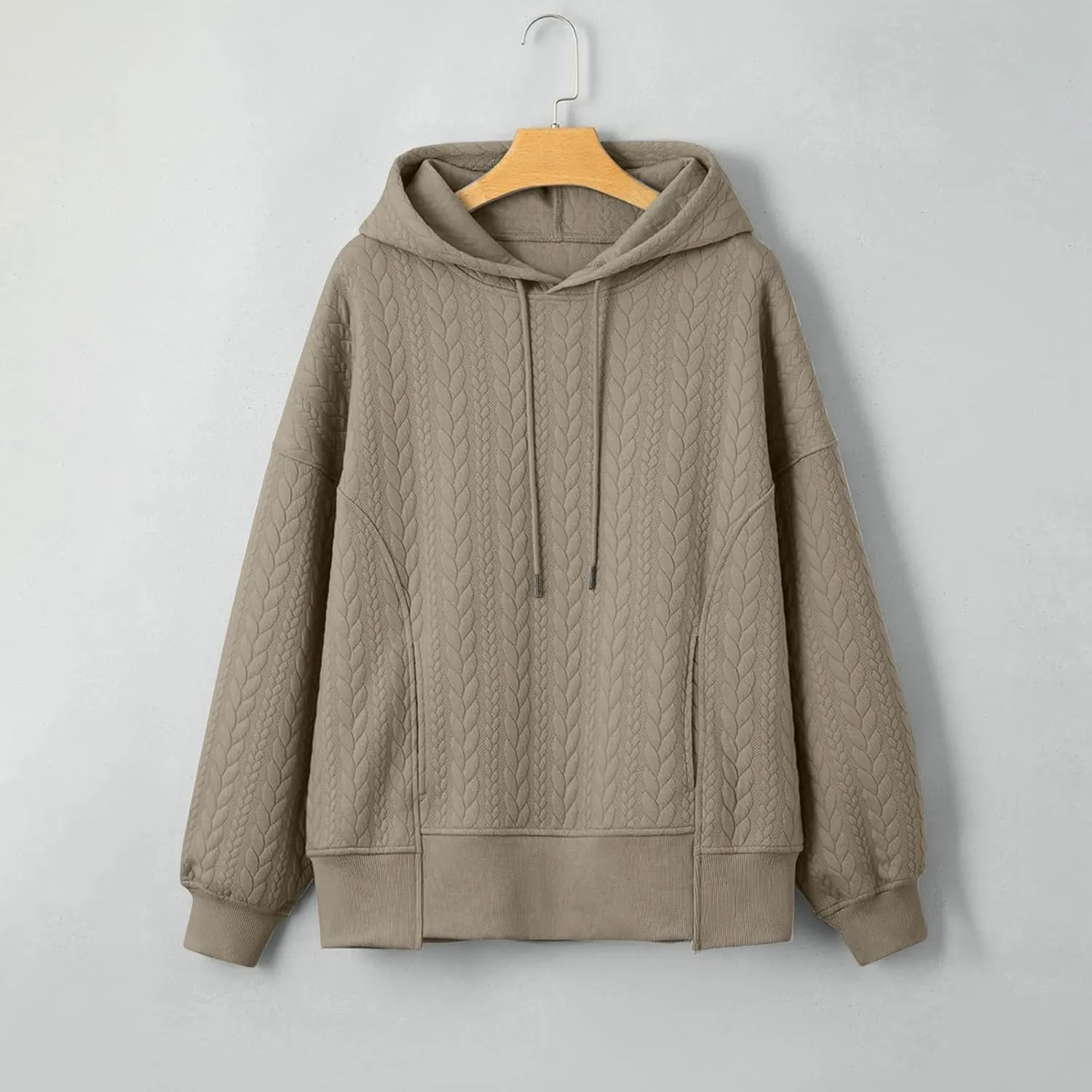 Womens Fall Oversized Hoodie Casual Long Sleeve Drawstring Quilted Pullover Tops Solid Hooded Sweatshirt with Pockets