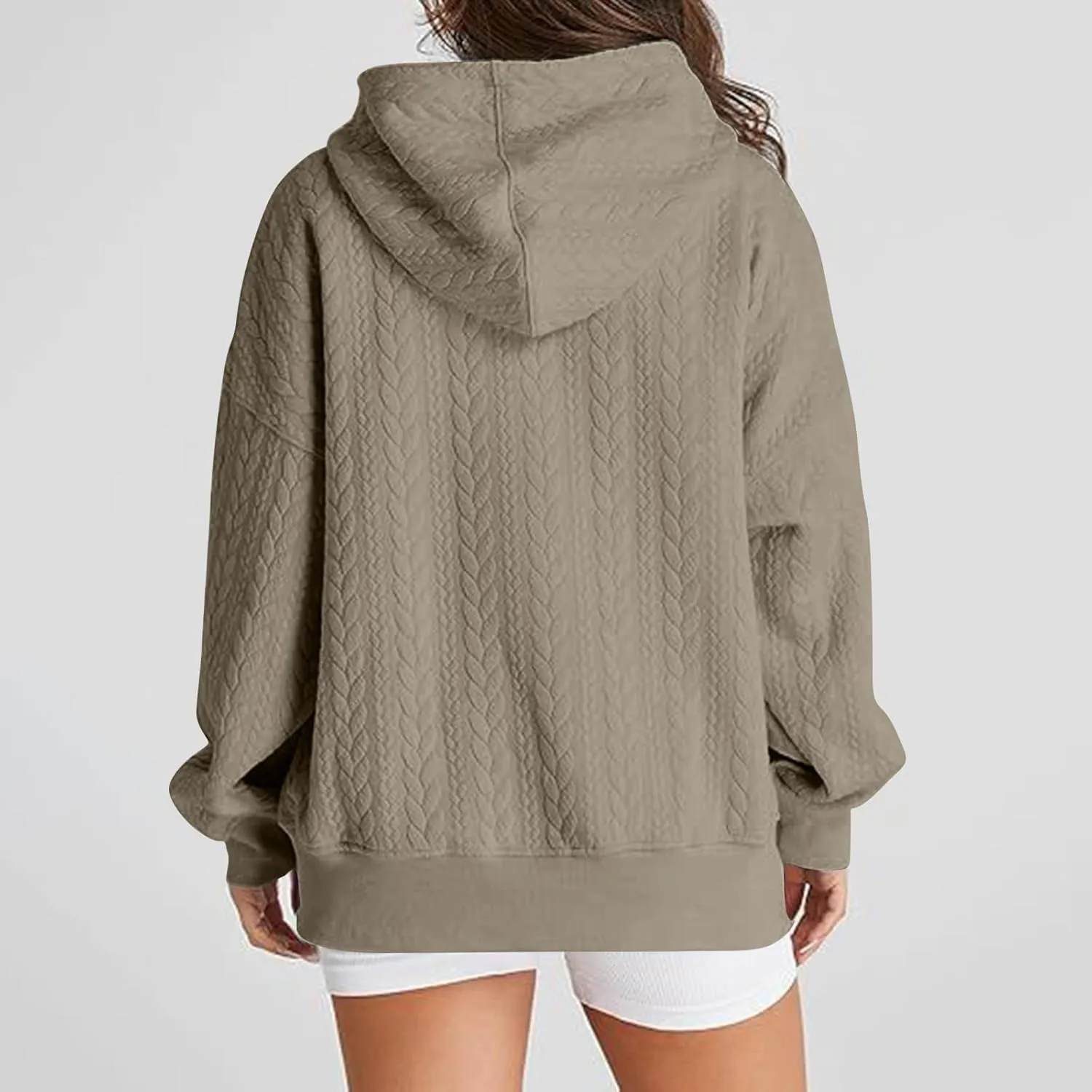 Womens Fall Oversized Hoodie Casual Long Sleeve Drawstring Quilted Pullover Tops Solid Hooded Sweatshirt with Pockets