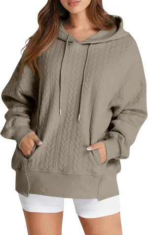 Womens Fall Oversized Hoodie Casual Long Sleeve Drawstring Quilted Pullover Tops Solid Hooded Sweatshirt with Pockets
