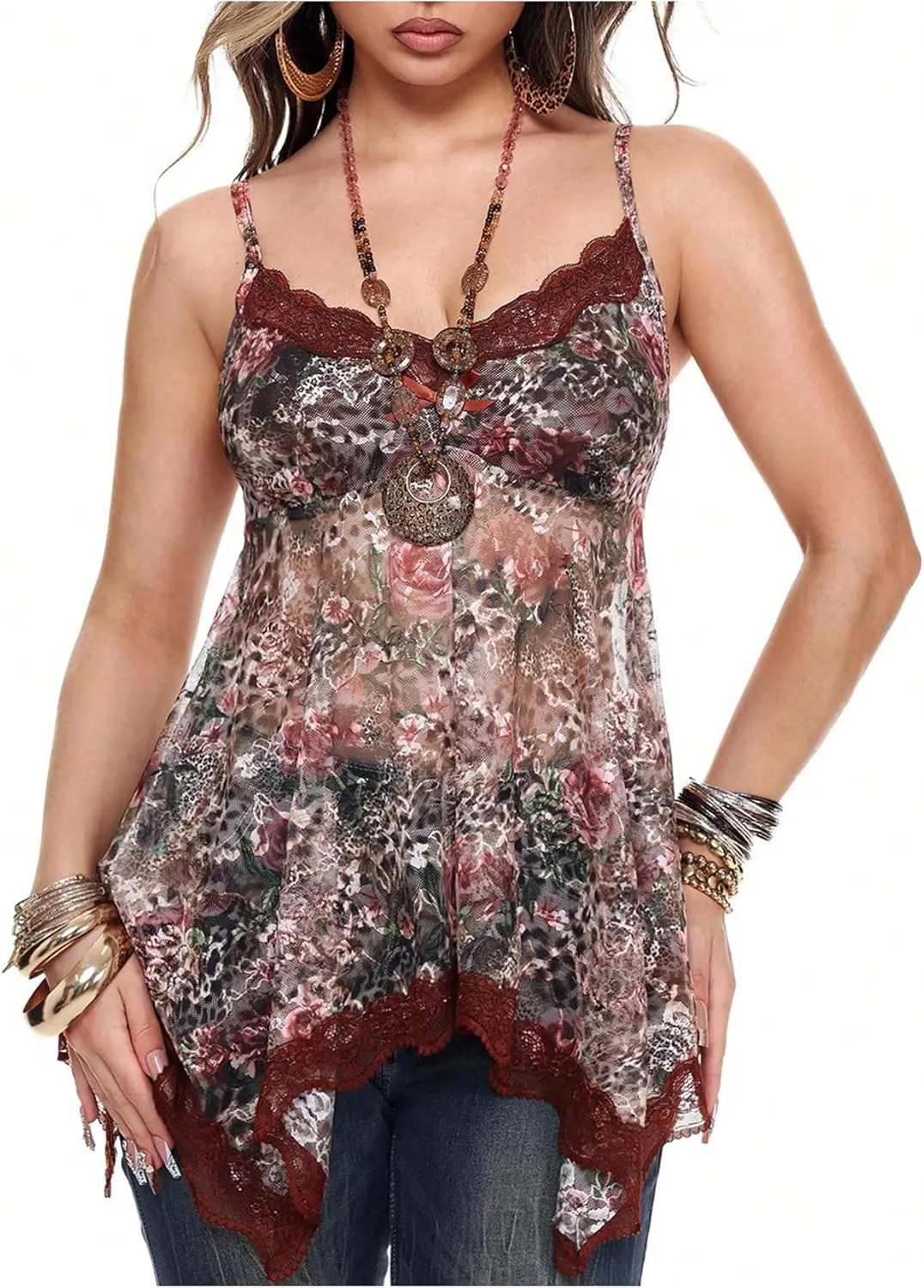 Women's Floral Leopard Lace Camisole Tops Y2K Mesh V Neck Spaghetti Strap Tank Top Coquette Shirt