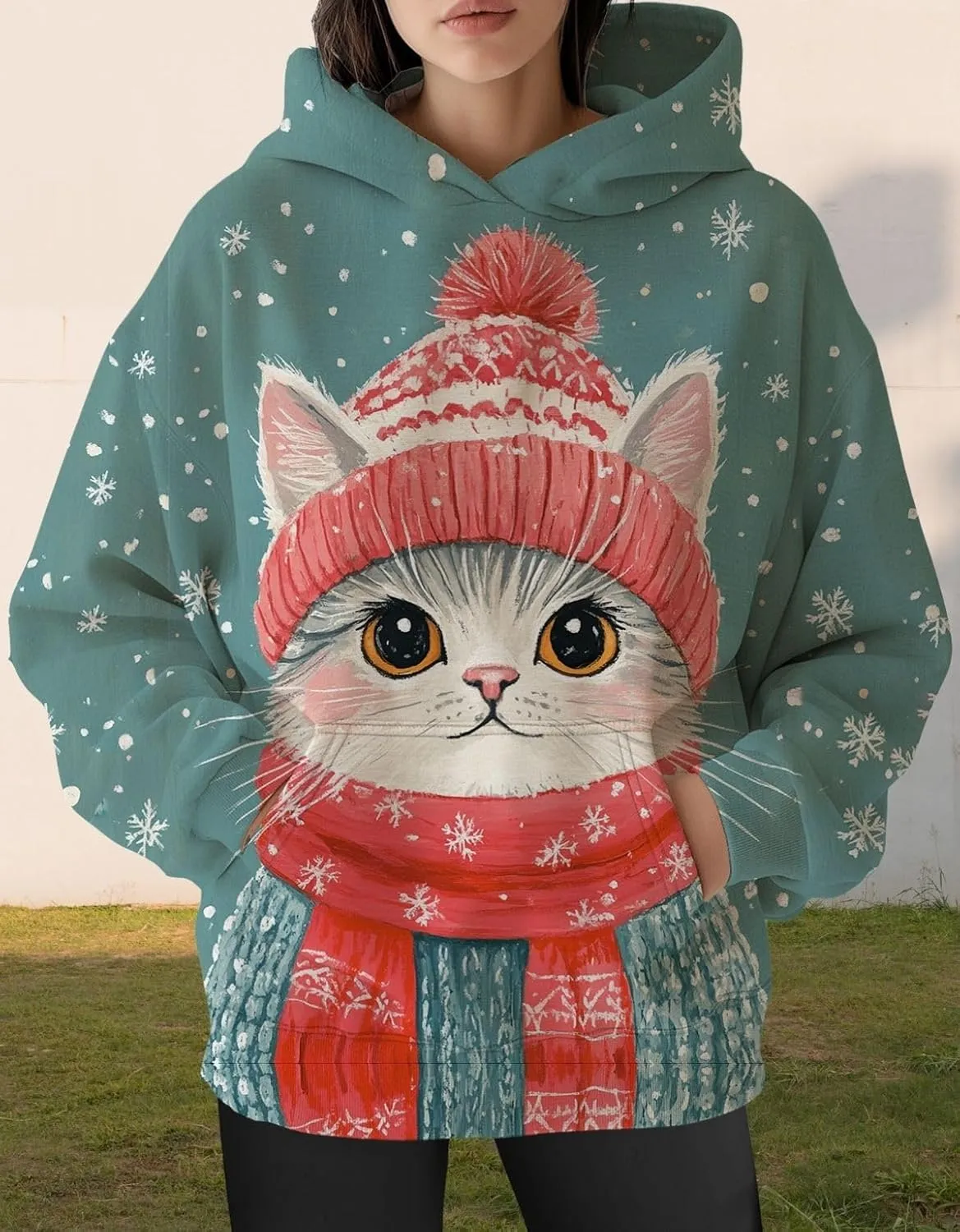 Womens Funny Cat Hoodies Oversized Cute Cat Lovers Printed Hooded Sweatshirt Y2K Fall Pullover Tops with Pockets
