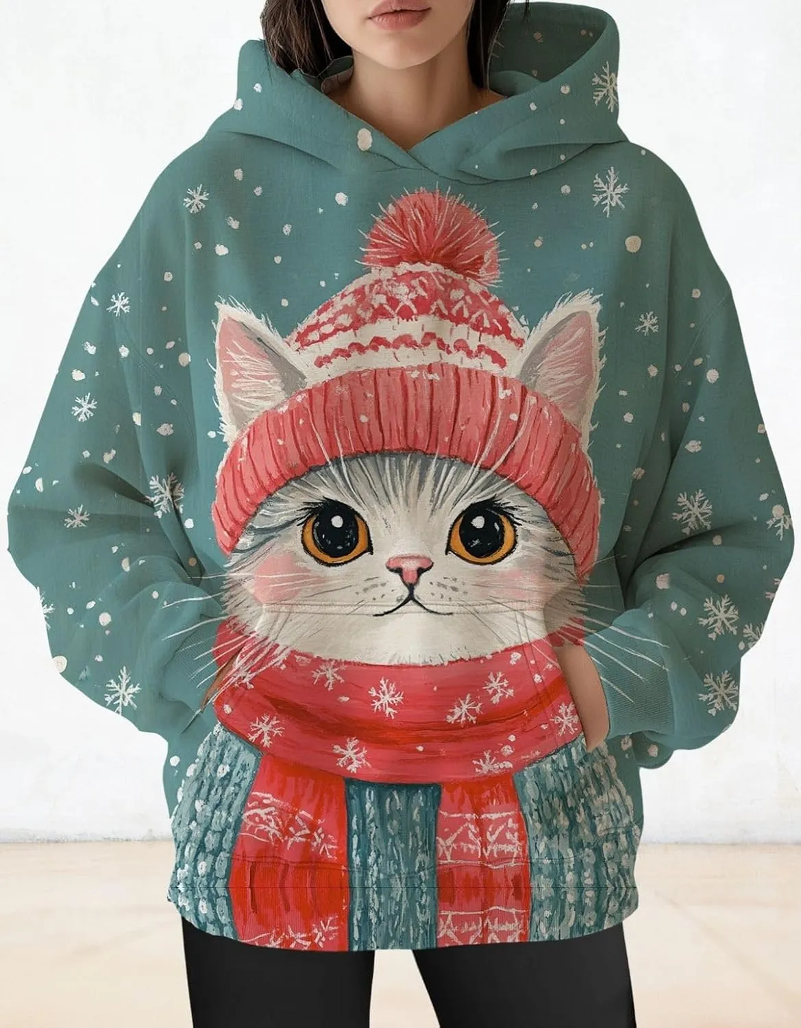 Womens Funny Cat Hoodies Oversized Cute Cat Lovers Printed Hooded Sweatshirt Y2K Fall Pullover Tops with Pockets