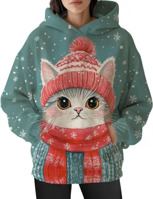 Womens Funny Cat Hoodies Oversized Cute Cat Lovers Printed Hooded Sweatshirt Y2K Fall Pullover Tops with Pockets