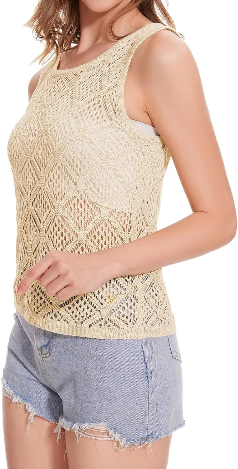 Women's Hollow Sweater Vest Crochet Tank Tops Knit Out Sleeveless Cover Up Summer Boho Top Pullover