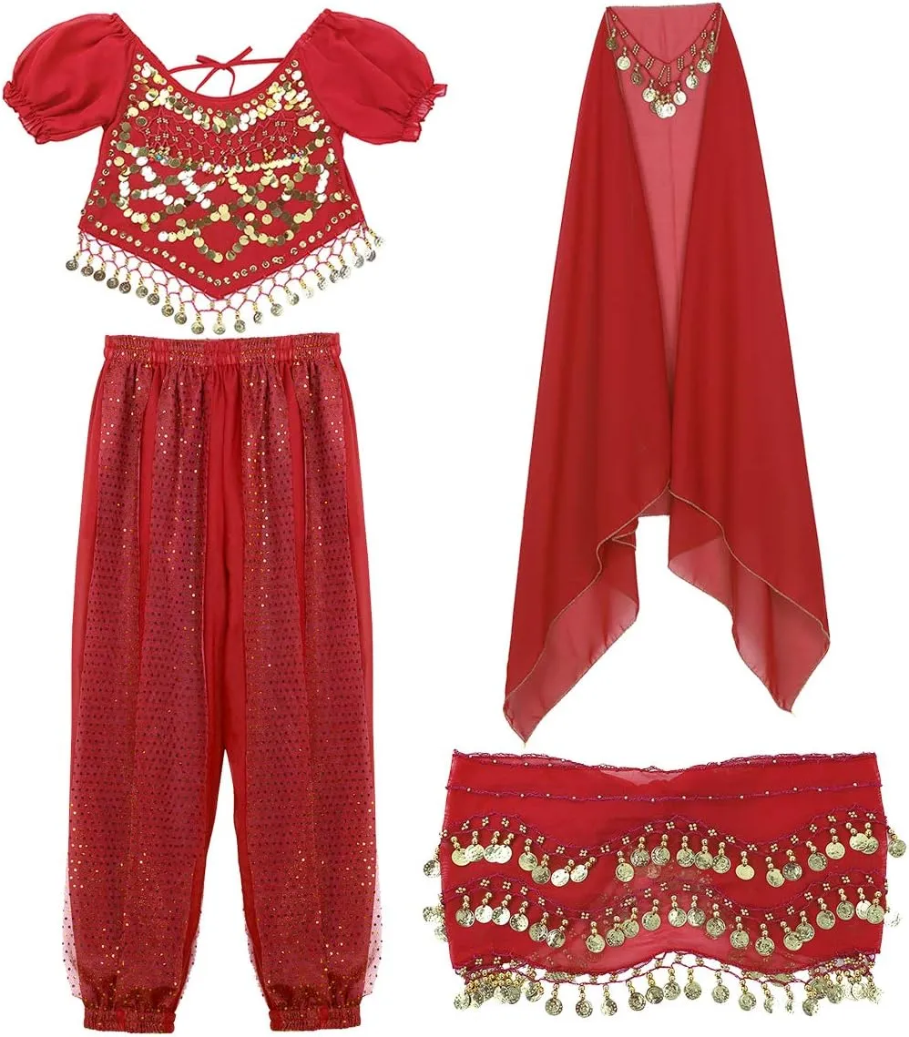 Women's India Shiny Coin Tassel Belly Dance Set Crop Top with Harem Pants Hip Scarf Head Scarfs