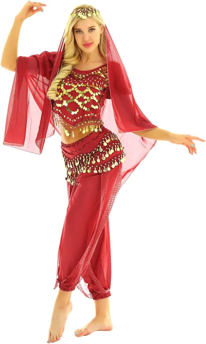 Women's India Shiny Coin Tassel Belly Dance Set Crop Top with Harem Pants Hip Scarf Head Scarfs