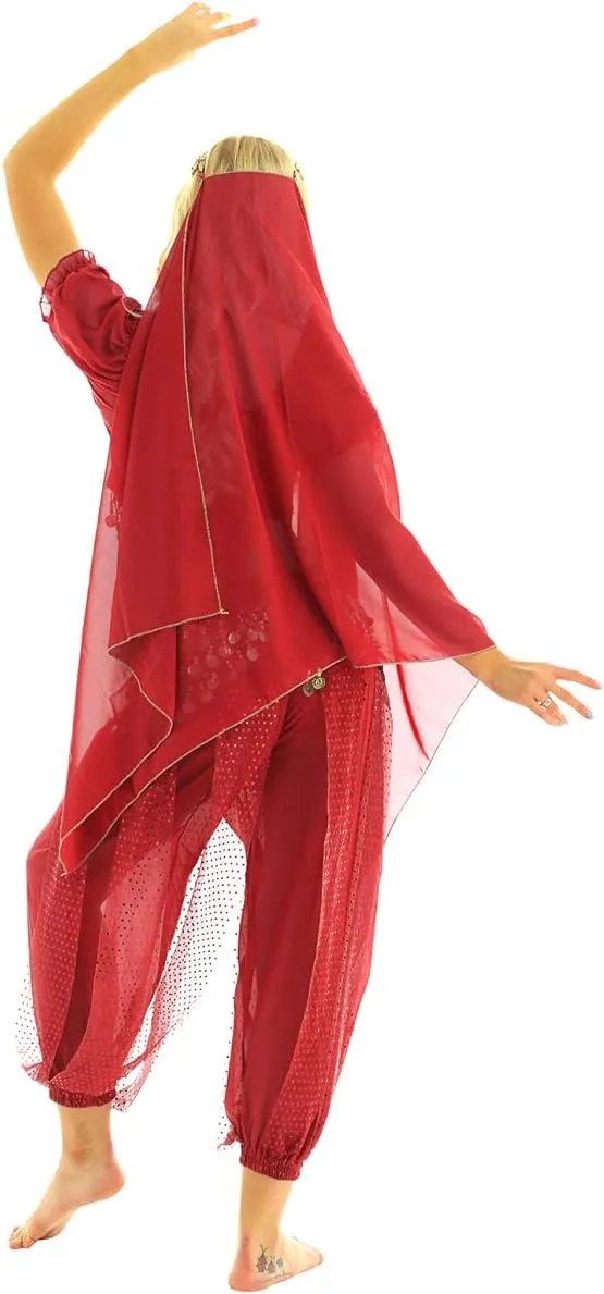 Women's India Shiny Coin Tassel Belly Dance Set Crop Top with Harem Pants Hip Scarf Head Scarfs