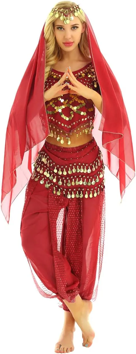 Women's India Shiny Coin Tassel Belly Dance Set Crop Top with Harem Pants Hip Scarf Head Scarfs