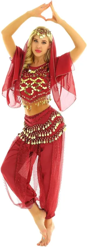 Women's India Shiny Coin Tassel Belly Dance Set Crop Top with Harem Pants Hip Scarf Head Scarfs