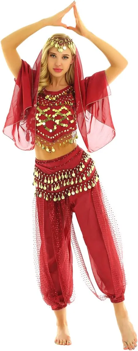 Women's India Shiny Coin Tassel Belly Dance Set Crop Top with Harem Pants Hip Scarf Head Scarfs