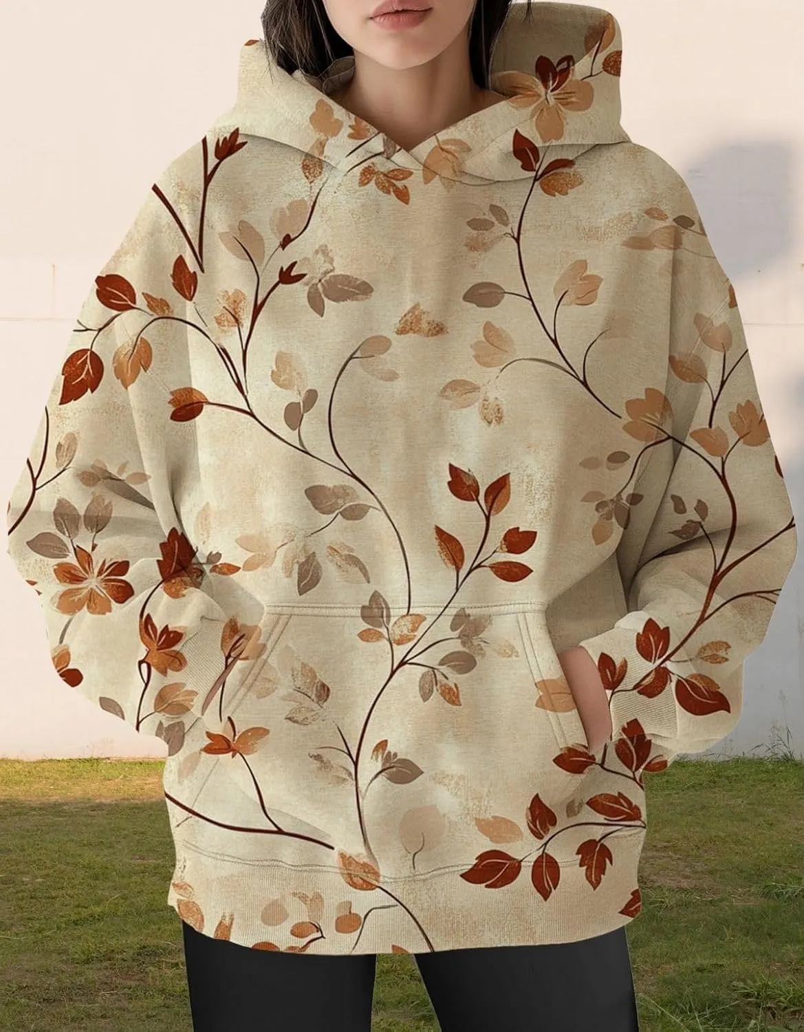 Womens Oversized Hoodies Maple Leaf Printed Long Sleeve Hooded Sweatshirt Pullover Tops Fall Outfits with Pocket