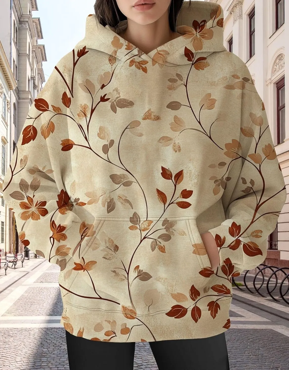 Womens Oversized Hoodies Maple Leaf Printed Long Sleeve Hooded Sweatshirt Pullover Tops Fall Outfits with Pocket