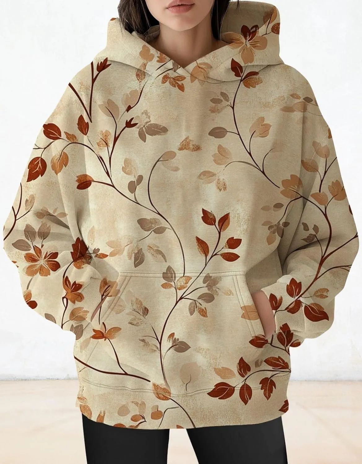 Womens Oversized Hoodies Maple Leaf Printed Long Sleeve Hooded Sweatshirt Pullover Tops Fall Outfits with Pocket