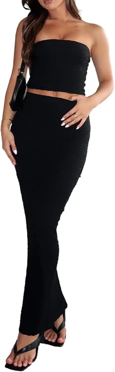 Womens Strapless 2 Piece Outfits Stacked Sleeveless Tube Cropped Tops and Bodycon Maxi Dress Matching Set