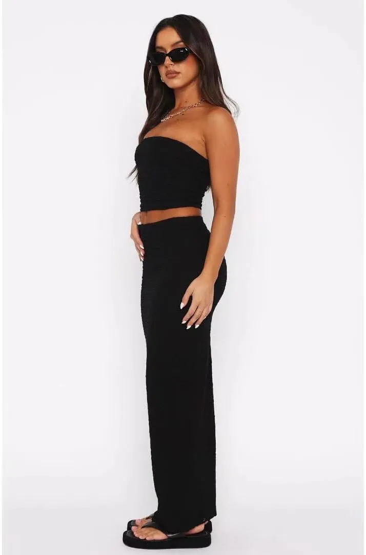 Womens Strapless 2 Piece Outfits Stacked Sleeveless Tube Cropped Tops and Bodycon Maxi Dress Matching Set