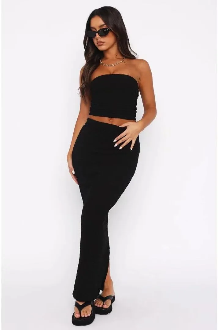 Womens Strapless 2 Piece Outfits Stacked Sleeveless Tube Cropped Tops and Bodycon Maxi Dress Matching Set