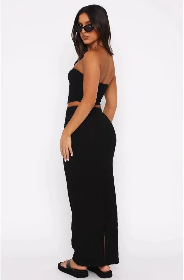 Womens Strapless 2 Piece Outfits Stacked Sleeveless Tube Cropped Tops and Bodycon Maxi Dress Matching Set