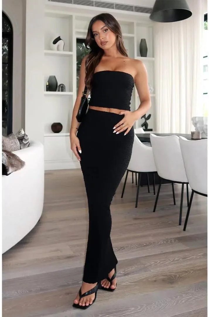 Womens Strapless 2 Piece Outfits Stacked Sleeveless Tube Cropped Tops and Bodycon Maxi Dress Matching Set