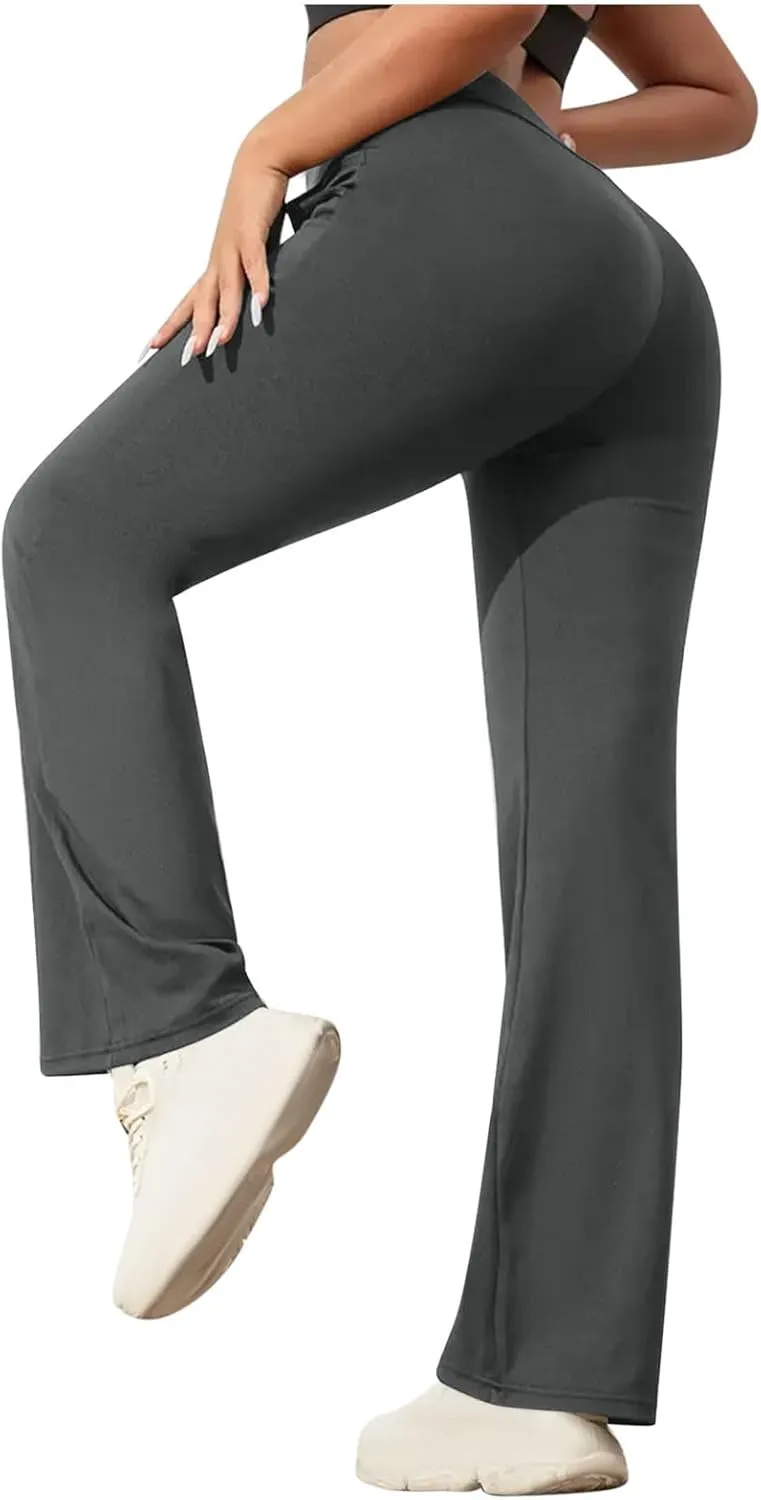 Xiaojmake Womens Flare Yoga Pants Stretchy Ribbed Bootcut Leggings High Waist Bell Bottom Athletic Workouts Pants with Pocket