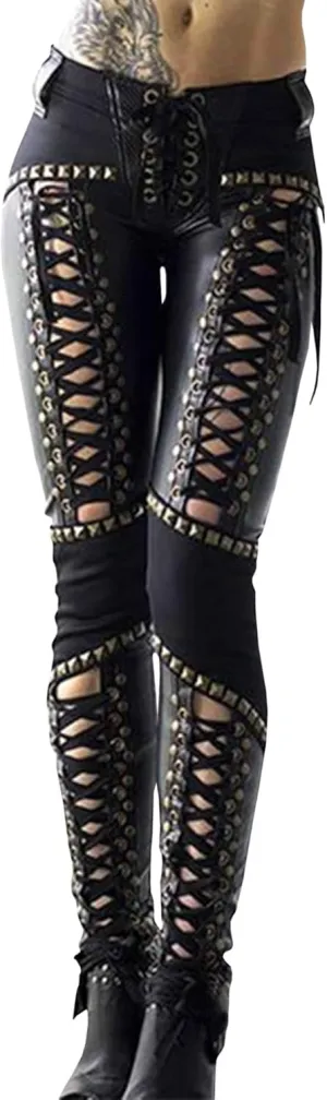 xxxiticat Women's Faux Leather Cross Pants High Waisted Rivet Lace Up Bandage PU Leather Patchwork Skinny Legging Pants