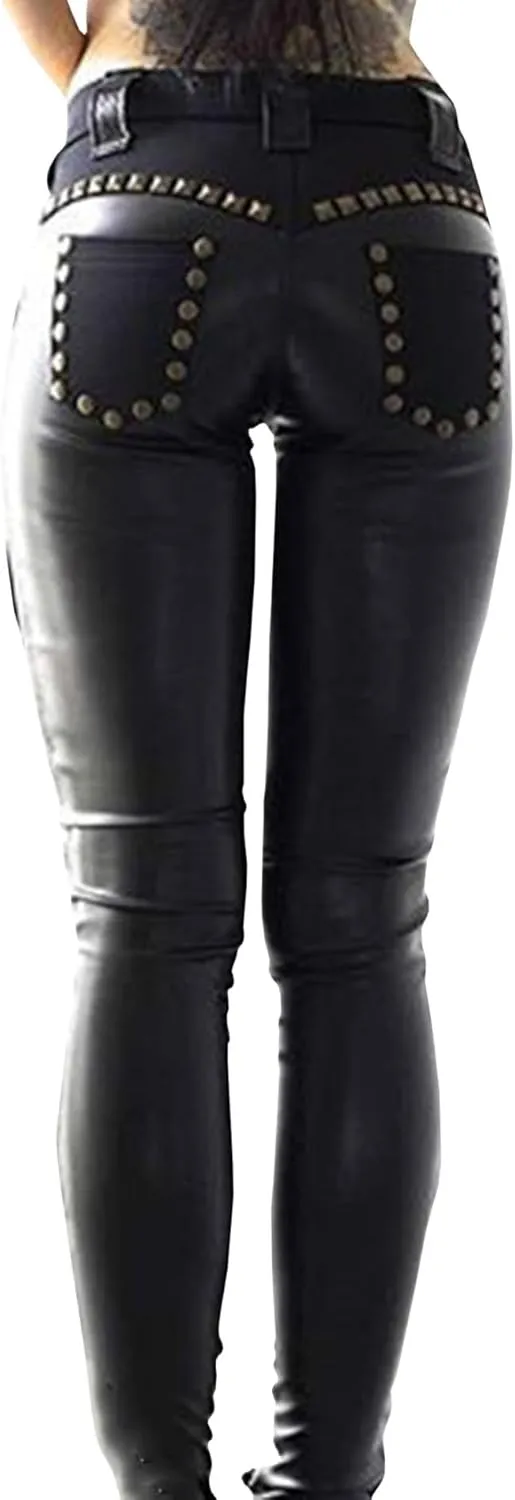 xxxiticat Women's Faux Leather Cross Pants High Waisted Rivet Lace Up Bandage PU Leather Patchwork Skinny Legging Pants