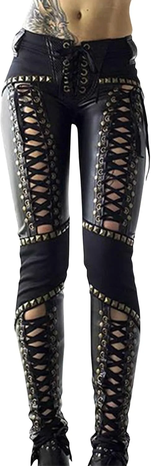 xxxiticat Women's Faux Leather Cross Pants High Waisted Rivet Lace Up Bandage PU Leather Patchwork Skinny Legging Pants
