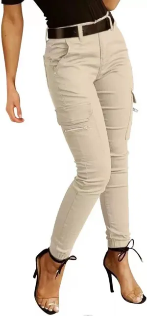 yoeasy Women Solid Color Slim Fit Cargo Pants Casaul Pocket High Waist Cargo Trouser