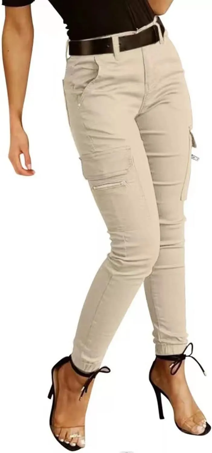 yoeasy Women Solid Color Slim Fit Cargo Pants Casaul Pocket High Waist Cargo Trouser