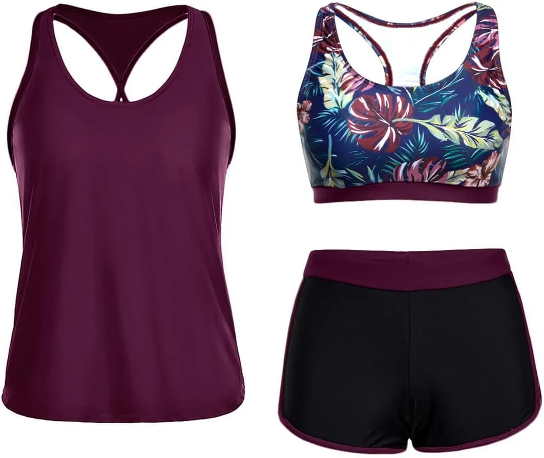 Yonique 3 Piece Athletic Tankini Swimsuits for Women with Shorts Swim Tank Tops with Sports Bra and Boyshorts Bathing Suits