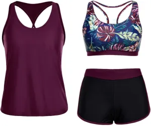 Yonique 3 Piece Athletic Tankini Swimsuits for Women with Shorts Swim Tank Tops with Sports Bra and Boyshorts Bathing Suits
