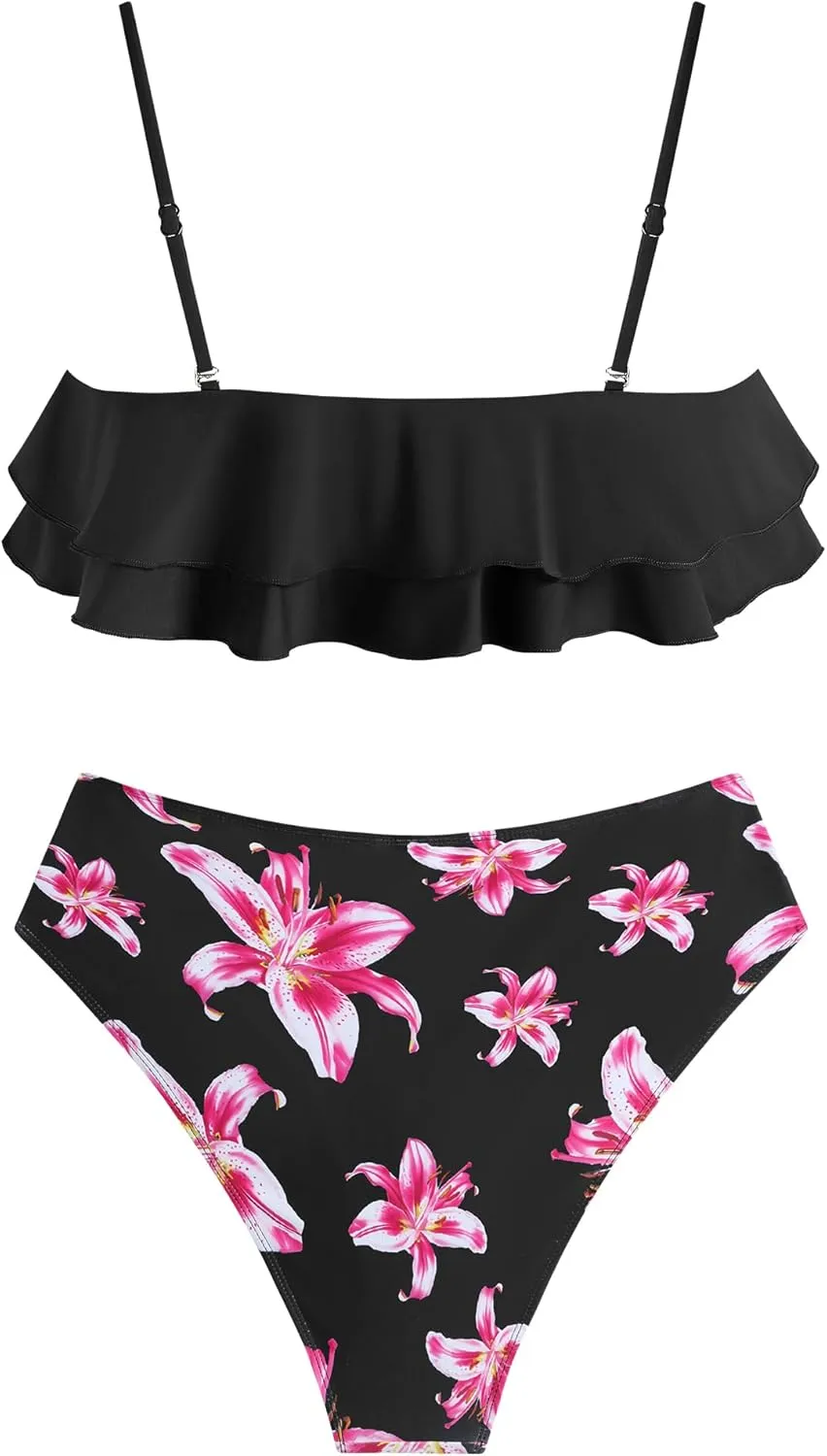 ZAFUL Layered Ruffle Bikini for Women High Waisted Bikini Sets Spaghetti Bandeau Swimsuits Padded Bathing Suit