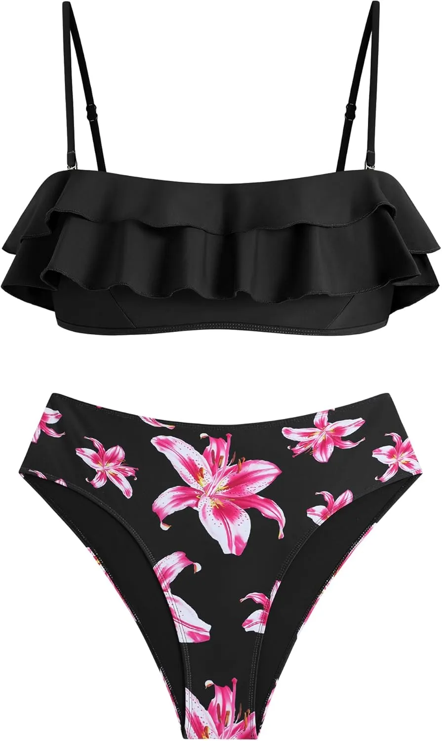ZAFUL Layered Ruffle Bikini for Women High Waisted Bikini Sets Spaghetti Bandeau Swimsuits Padded Bathing Suit