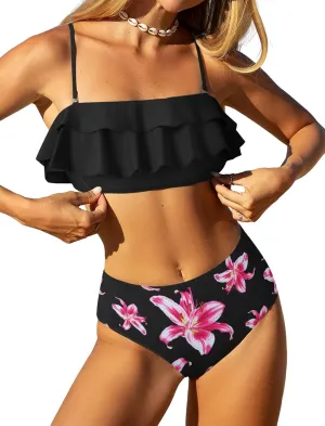 ZAFUL Layered Ruffle Bikini for Women High Waisted Bikini Sets Spaghetti Bandeau Swimsuits Padded Bathing Suit