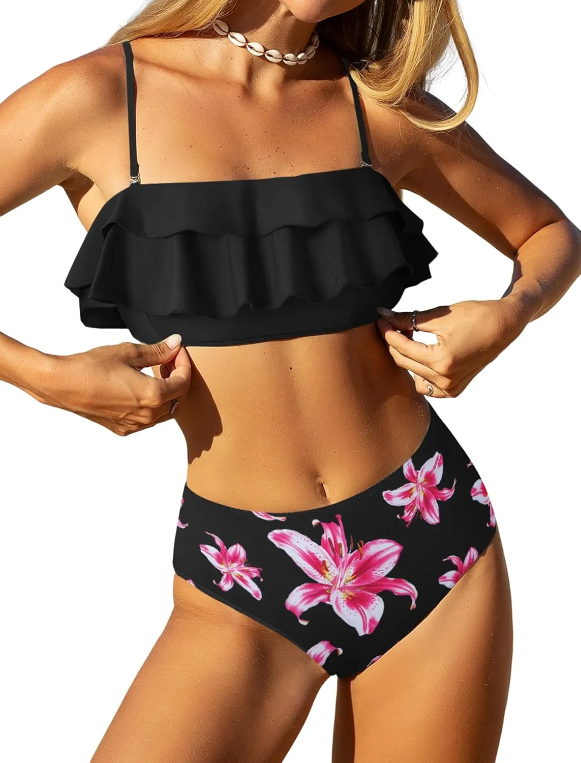 ZAFUL Layered Ruffle Bikini for Women High Waisted Bikini Sets Spaghetti Bandeau Swimsuits Padded Bathing Suit