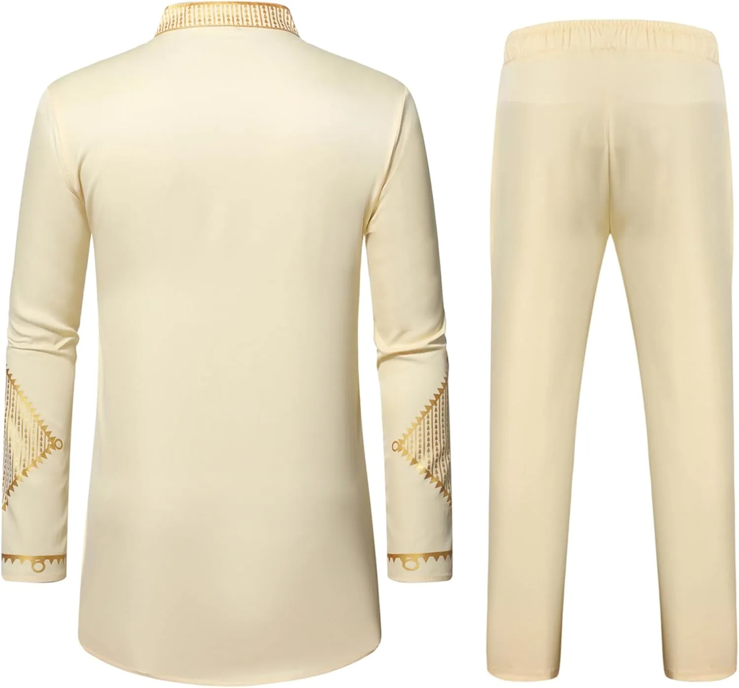 ZEROYAA Men's Africa Suit Long Sleeve Bronzing Print Shirt and Pants Outfit Traditional 2 Piece Set