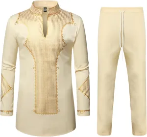 ZEROYAA Men's Africa Suit Long Sleeve Bronzing Print Shirt and Pants Outfit Traditional 2 Piece Set