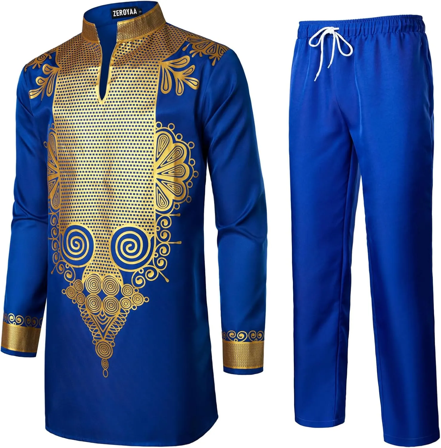 ZEROYAA Men's Africa Suit Long Sleeve Bronzing Print Shirt and Pants Outfit Traditional 2 Piece Set