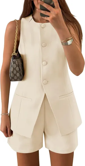 ZESICA Women's 2025 Summer 2 Piece Short Sets Sleeveless Crew Neck Suit Vest Tops High Waist Shorts Business Outfits