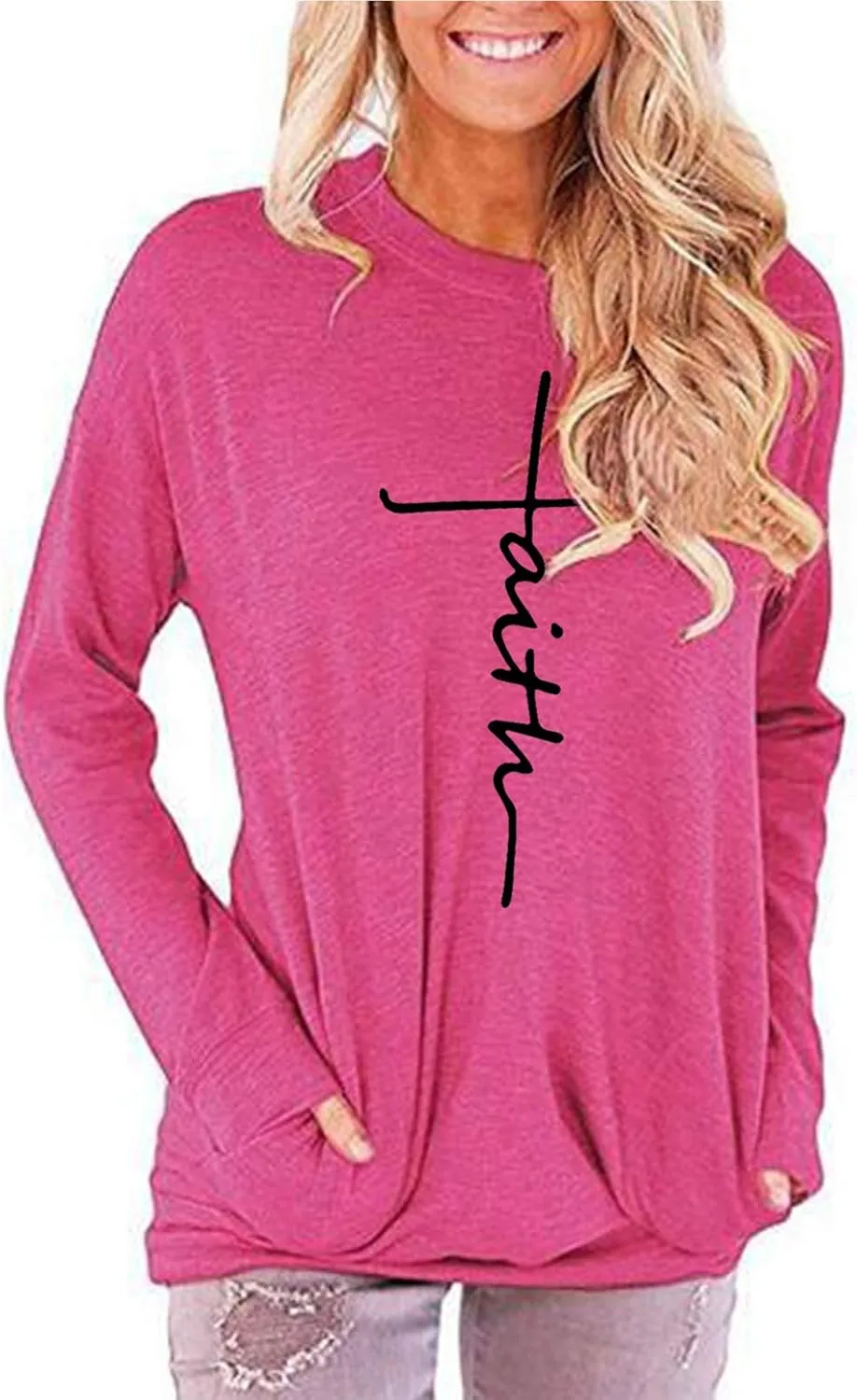 ZILIN Women's Casual Letter Print Crewneck T-Shirt Long Sleeve Tunic Tops Sweatshirt with Pockets