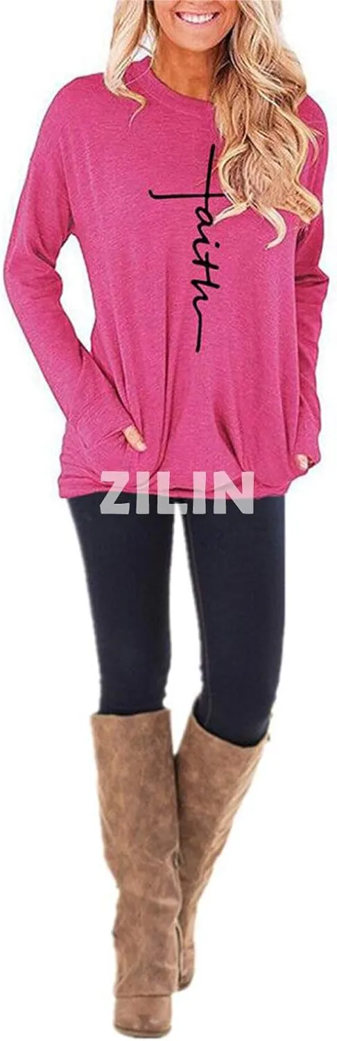 ZILIN Women's Casual Letter Print Crewneck T-Shirt Long Sleeve Tunic Tops Sweatshirt with Pockets
