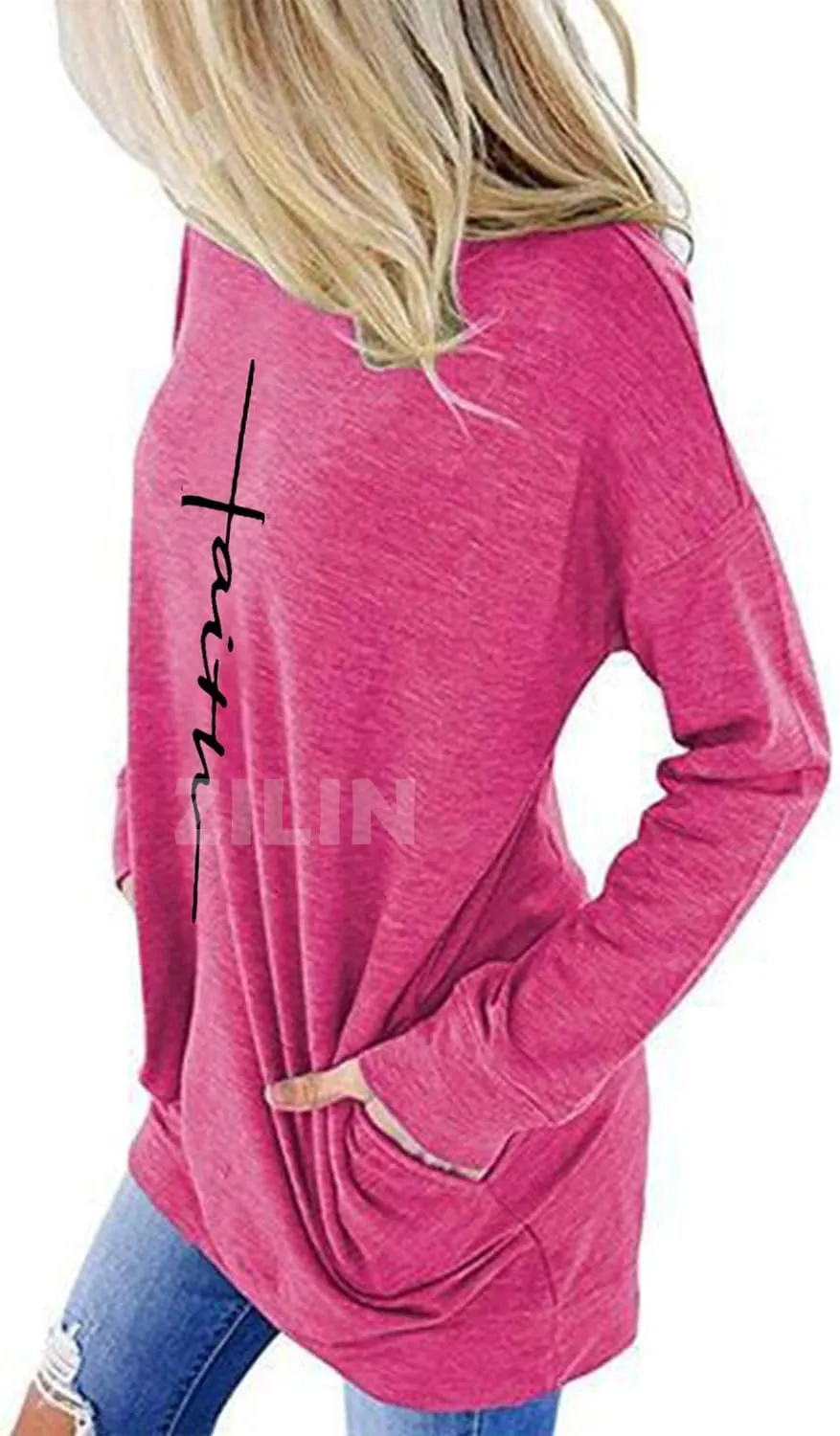 ZILIN Women's Casual Letter Print Crewneck T-Shirt Long Sleeve Tunic Tops Sweatshirt with Pockets