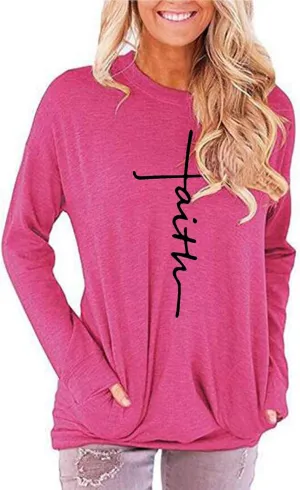 ZILIN Women's Casual Letter Print Crewneck T-Shirt Long Sleeve Tunic Tops Sweatshirt with Pockets